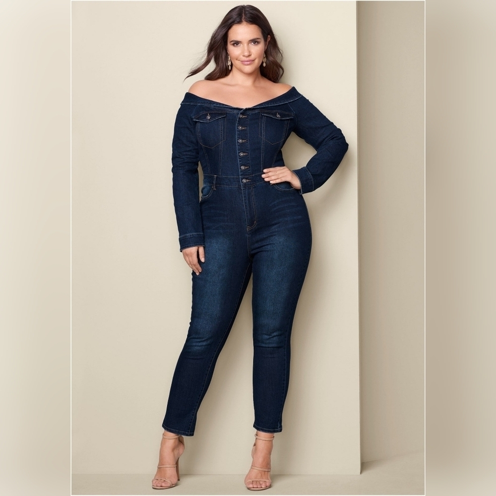 Off-Shoulder Dark Indigo Denim Jumpsuit